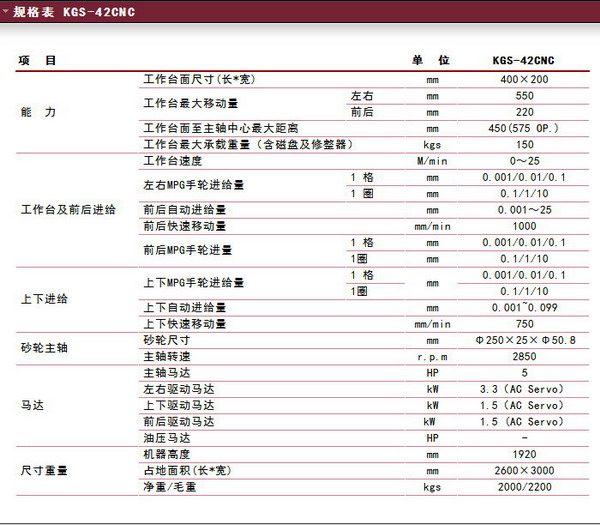 建德三轴CNC数控精密磨床（KGS-42CNC）规格表
