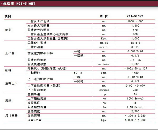 建德KGS-510HT磨床规格表